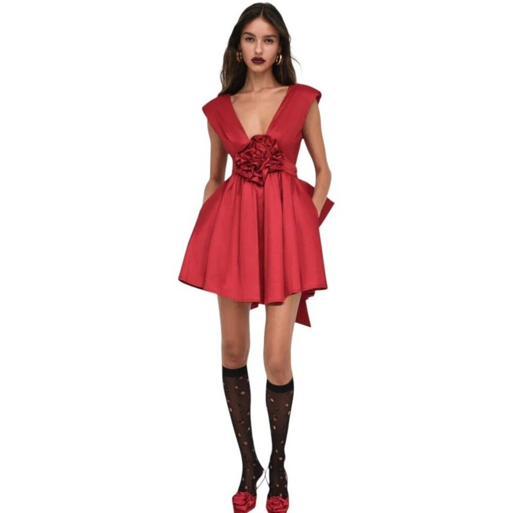 For Love & Lemons Red Satin Floral Waist Mini Dress